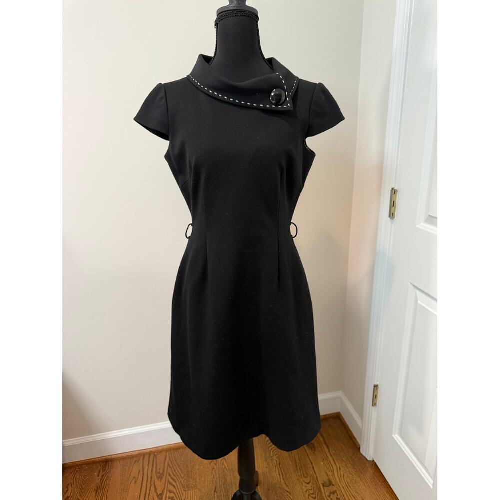 Tahari Black Sheath Dress with Cap Sleeves and Fold Over Collar